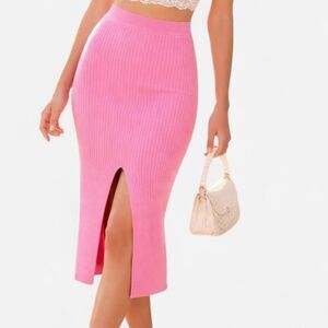 Free People Lolita Pink Ribbed Knit Slit Front Maxi Skirt Small Soft Indie Core